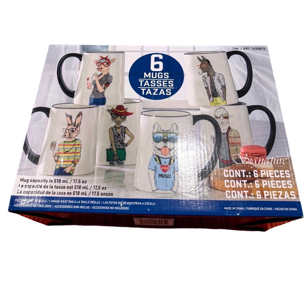 Signature Housewares Hipster Animal Stoneware Mug Set 6 Piece 17.5oz 1630878